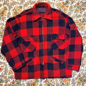 Vintage 1960s Brent Buffalo Plaid Wool Zip Up Jacket‎ Red Black Workwear - L